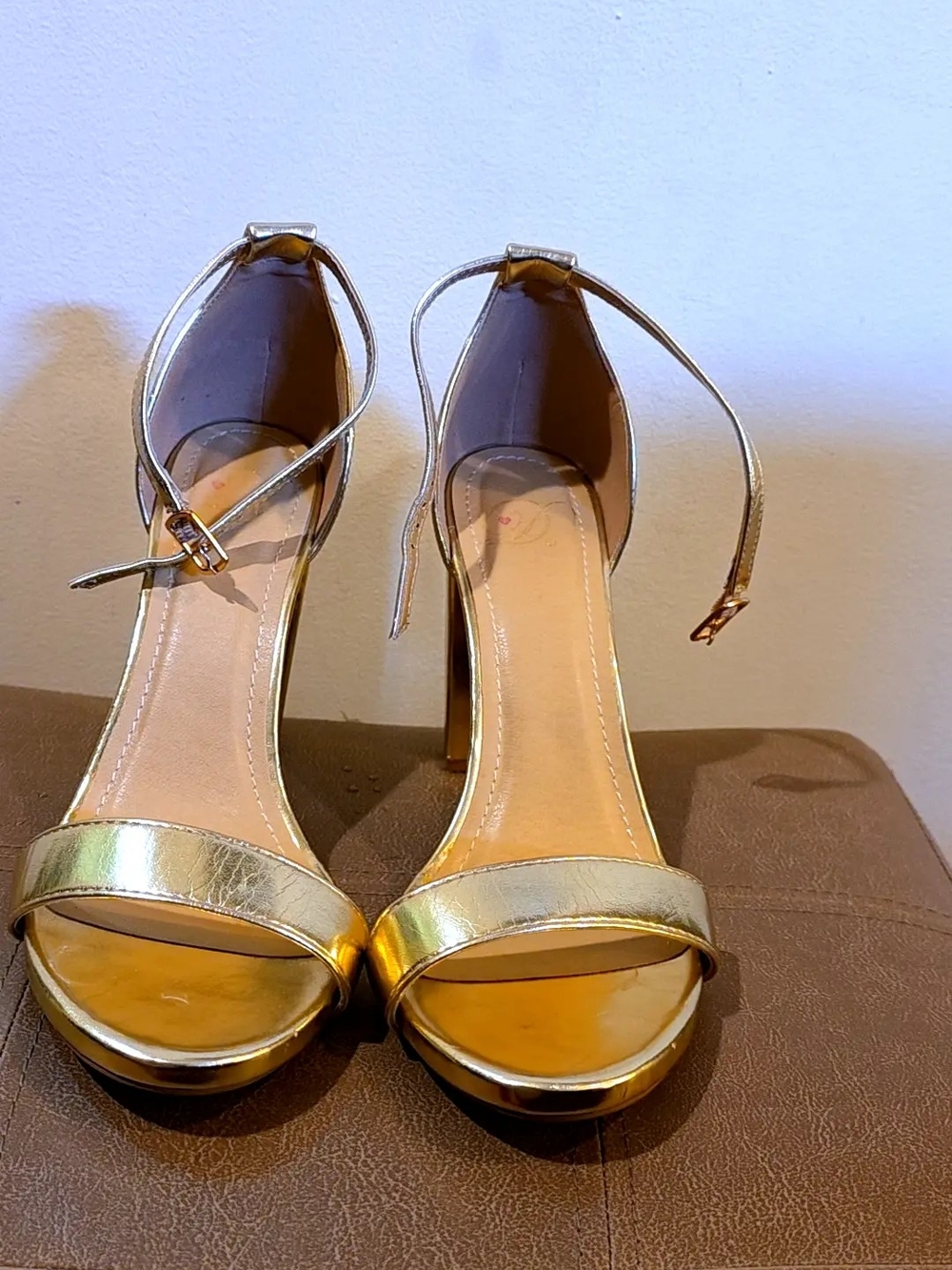 Gold Ankle-Strap Block High Heel Sandals - Sz 10